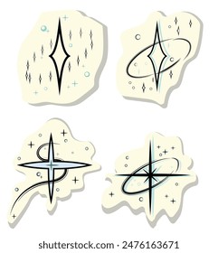 A set sticker of drawings of four-pointed stars. Four-pointed star and lines, beautiful star pattern, schematic black and white vector.