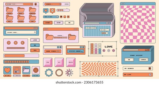 Set of sticker elements in 2000s trendy style. interface. Retro gaming interface, modern framework for PC. Nostalgic style. Vector illustration.