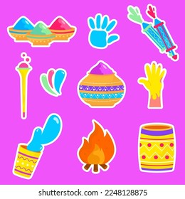 Set of sticker elements for Holi festival. Hand in paint, paint, powder, fire