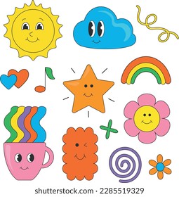Set of sticker elements sun rainbow flowers rainbow cup jolly cookie star lines in retro style