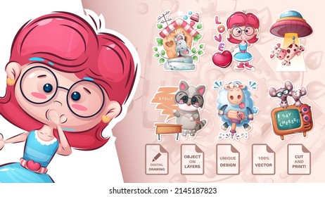 Set sticker - elephant, girl, cow, raccoon, lamb, mose