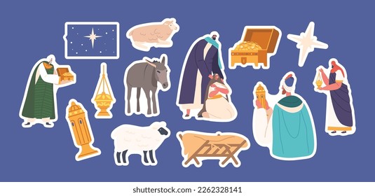 Set of Sticker Gifts Of Magi Biblical Scene with Three Wise Men Brought Gifts of Gold, Frankincense And Myrrh. Mary with Jesus in Arms and Joseph, Livestock Animals and Manger. Cartoon Vector Patches