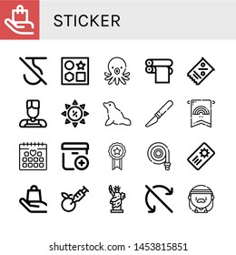 Set of sticker icons such as Handle with care, Do not use hook, Shapes, Octopus, Print cylinder, Coupon, Barber, Summer sale, Seal, Slice, Banner, Wedding date, Add package , sticker