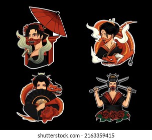 set sticker japanese illustration culture