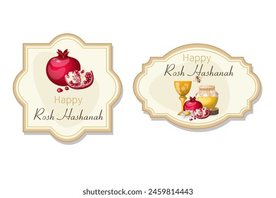 Set sticker label holiday Rosh Hashanah. Hand drawing. Isolate on a white background. Vector