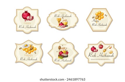 Set sticker label holiday Rosh Hashanah. Hand drawing. Isolate on a white background. Vector