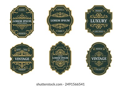 Set von Aufkleber-Etiketten-Form Retro-Abzeichen, Klassische Rahmen mit Goldlinien und Blütenornament für Logotyp, Tags, kalligraphisch, Stempel