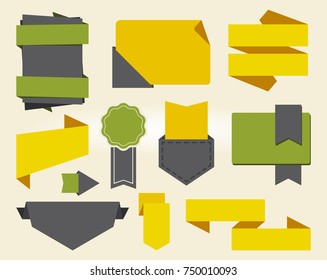 Set of sticker and labels of yellow and green color, objects of rectangular and circular shapes with empty space inside on vector illustration