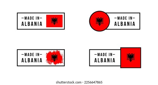 Conjunto de stickers fabricados en Albania. Etiquetas de diseño con bandera albanesa para envasado, fábrica, fabricación y país de producción. Vector