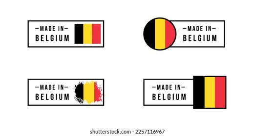 Set of sticker Made in Belgium. Design labels with Belgium flag for packaging, Factory, manufacturing and production country. Vector