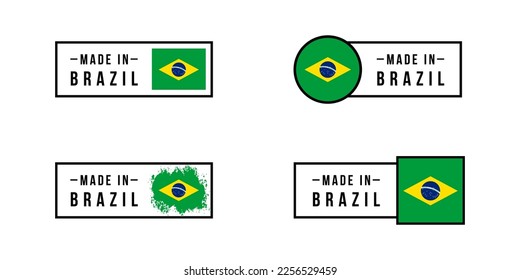 Aufkleber hergestellt in Brasilien. Design-Etiketten mit brasilianischer Flagge für Verpackung, Fabrik, Herstellung und Produktionsland. Vektorgrafik