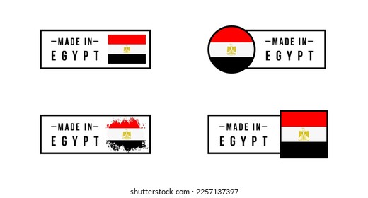 Juego de stickers fabricados en Egipto. Etiquetas de diseño con bandera egipcia para envasado, fábrica, fabricación y país de producción. Vector
