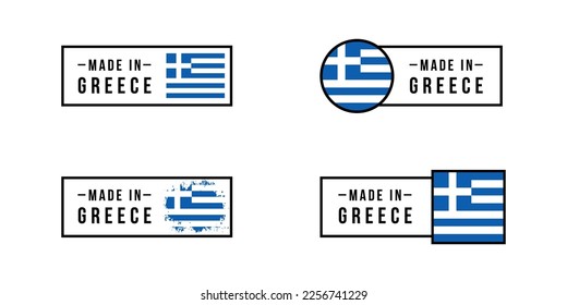 Juego de stickers fabricados en Grecia. Etiquetas de diseño con bandera griega para envasado, fábrica, fabricación y país de producción. Vector