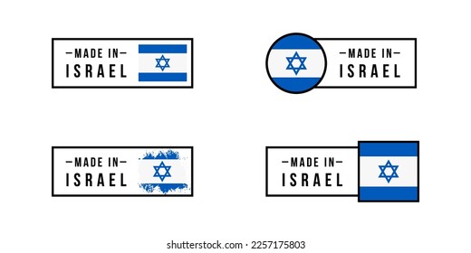 Set of sticker Made in Israel. Design labels with Israel flag for packaging, Factory, manufacturing and production country. Vector