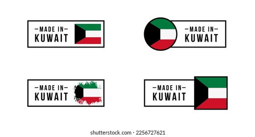 Set of sticker Made in Kuwait. Design labels with Kuwait flag for packaging, Factory, manufacturing and production country. Vector