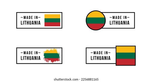 Set of sticker Made in Lithuania. Design labels with Lithuania flag for packaging, Factory, manufacturing and production country. Vector