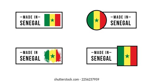 Set of sticker Made in Senegal. Design labels with Senegal flag for packaging, Factory, manufacturing and production country. Vector