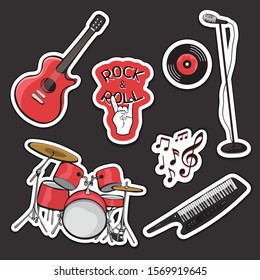 Set sticker of musical instruments, outline cartoon hand drawing, rock and roll vintage icon. Black red drum kit, synthesizer, guitar, microphone isolated on dark background. Vector illustration