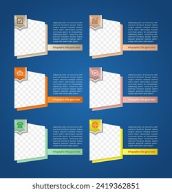 legt Aufkleber Notiz Text und Foto-Vorlage bunter Hintergrund. Vektorabstrakte 3D-Papierinfographieelemente. Unternehmensinfographie