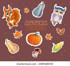 Set sticker pack animals Squirrel with Owl, Autumn leaves, vegetables and corn, pumpkins. Vector illustration, colorful cartoon set for printing