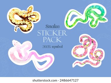 Set sticker pack geometric snakes illustration stickers, for printing and use in various symbols of the year 2025 Chinese zodiac. Modern polygonal style