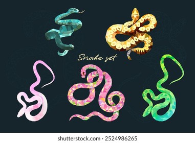 Set sticker pack geometric Snakes illustration stickers, for printing and use in various symbols of the year 2025 Chinese zodiac. Modern polygonal style