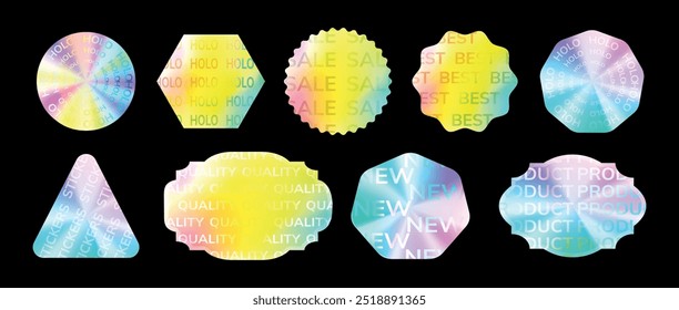 Set of sticker packs in y2k. Starburst. Figures, waves, zigzags, tag. Textbox. Speech bubbles. Holographic. Retro futuristic design. Foil style labels. Elements. Nostalgia. Trendy Psychedelic. Frame