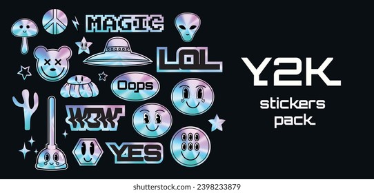 A set of sticker packs in y2k style. Holographic. Nostalgia. Trendy Psychedelic. Vector stock illustration. Background. Abstract. Holo. Retro futuristic design. Foil style labels. Elements. Icons