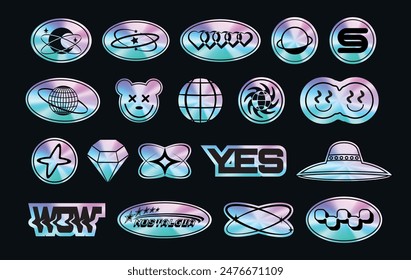 A set of sticker packs in y2k style. Holographic. 3d Retro futuristic design. Foil style labels. Elements. Nostalgia. Trendy Psychedelic. Vector. Gloss. Chrome. Abstract. Mockups. Cyber. Iridescent 