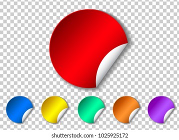 Set of sticker with peel off corner isolated on transparent background. Round blank paper banner or circle curl label sticker with flip edge. Vector red post note for advertising design.