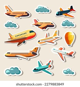 Set of Sticker Style Airplanes And Clouds Elements On Peach Background.
