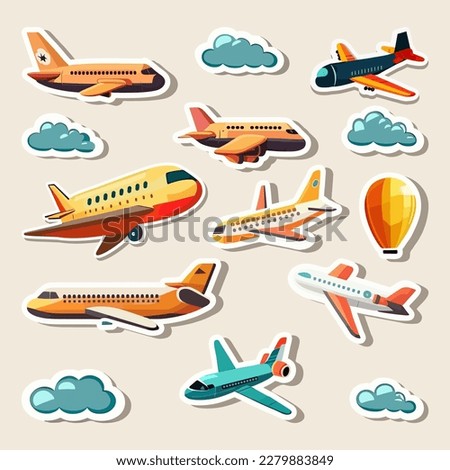 Set of Sticker Style Airplanes And Clouds Elements On Peach Background.