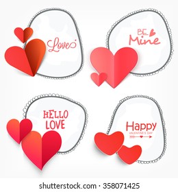 Set of sticker, tag or label design decorated with different compliments and glossy hearts for Happy Valentine's Day celebration.