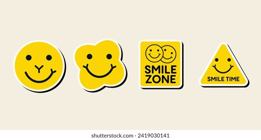 Set of sticker vector designs in cool yellow color. Trendy cute smile patch.