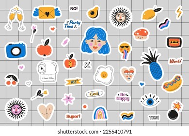 Conjunto de pegatinas, ilustración plana vectorial. Plantilla de emoticones decorada con letras de moda. Firmas, símbolos, objetos para el programador u organizador	