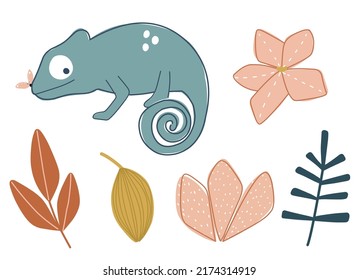 Set of sticker vector illustrations in cartoon style, chameleon with pink a butterfly on her nose, pink plumeria flower, leaves