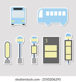 Conjunto de ícones tipo adesivo de ônibus e paradas de ônibus. Conceito de transporte.