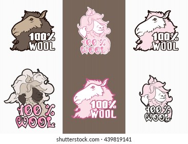 Set of stickers "100% wool" with shaggy and curly sheep