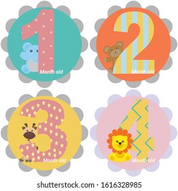 Set of stickers for 1-4 months. Monthly stickers. Stickers for the baby's month. Milestone baby months stickers