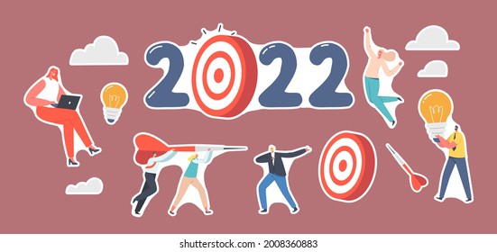 Conjunto de Objetivos, Plan e Idea del Año Nuevo 2022 de Stickers. Caracteres de negocio arrojan dardos a destino, trabajadores de oficina desarrollando proyecto. Los Empresarios Logran Los Objetivos. Ilustración de vectores de personas de caricatura