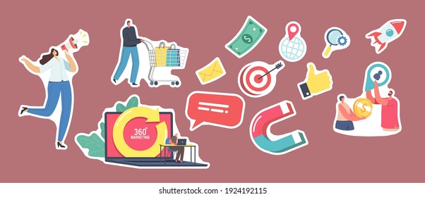 Set of Stickers 360 Degree Marketing Theme. Promoter Character with Megaphone, Customer with Shopping Trolley, Laptop with Turning Arrow, Target, Thumb Up and Mail. Cartoon People Vector Illustration