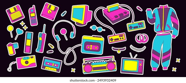 Set of stickers with 90s retro elements