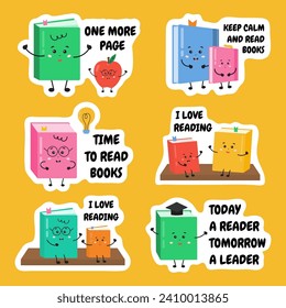 Set of stickers about books, readers, literature with cute books characters. For Reading lessons, libraries, motivation for kids, children to learn and read books. Literature hobby collection.