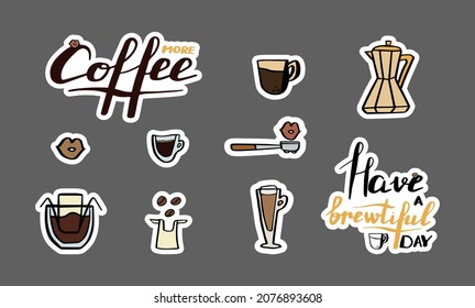 Setzen Sie Aufkleber über Kaffee mit Zitat, Tasse, Drip-Kaffee-Tasche, Bohne und andere Objekte. Cute Collection Design Elemente für Scrapbook, Tagebuch, Printable.