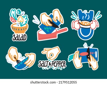 A Set Of Stickers About Cooking. Salad, Frying Pan, Apron, Pie, Beating Dough, Salt And Pepper, Carrot, Shred, Knife. Vector Doodle Style.