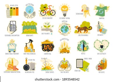 A set of stickers about environmental protection. Vector illustration.