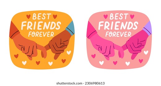 Set of stickers about friends and friendship. Collection of hand drawn lettering