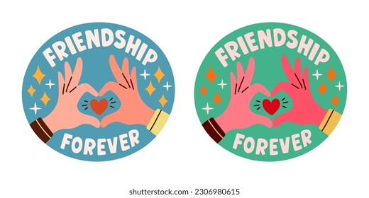 Set of stickers about friends and friendship. Collection of hand drawn lettering