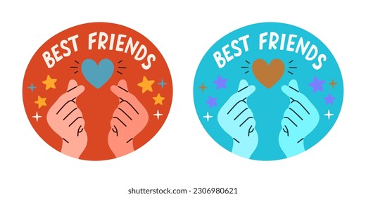 Set of stickers about friends and friendship. Collection of hand drawn lettering