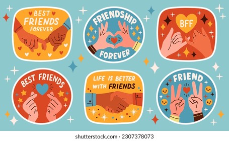 Set of stickers about friends and friendship. Collection of hand drawn lettering